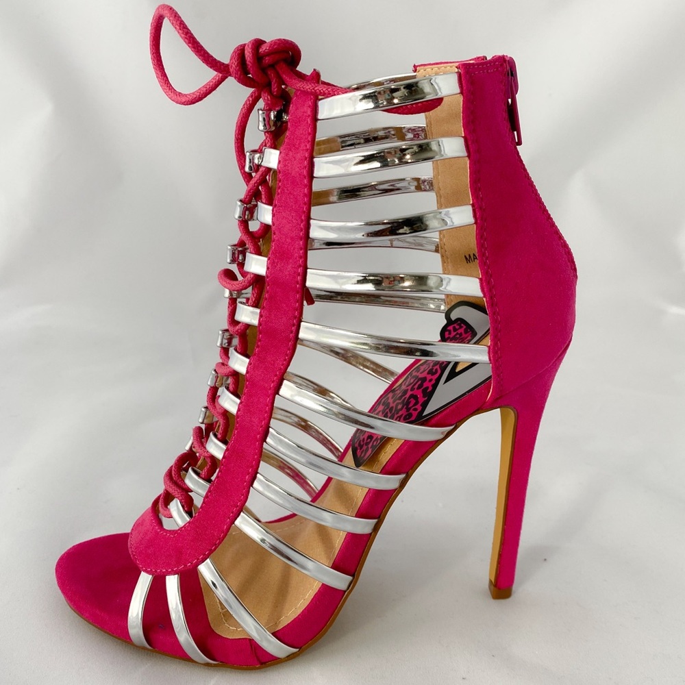 JENEE - FUCHSIA AND SILVER CAGGED TIE UP STILETTO